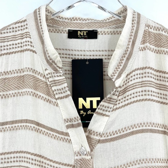 Boho Dress Woven pattern Stripe Tiered White Tan OS NWT - Picture 9 of 11